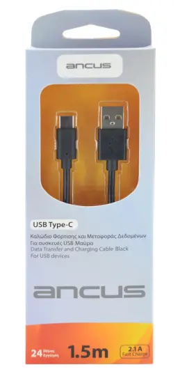 Data Cable Ancus USB-C 2.1A Black 1.5m