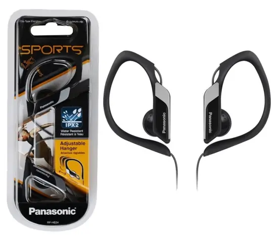 Earphone Panasonic RP-HS34E-K 3.5mm IPX2 Black with Adjustable Hanger for mp3, iPod and Sound Devices without Microphone 1.2m