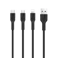 Data Cable Hoco U31 Benay Braided with Nylon Cord 3 in 1 USB to Micro-USB, Lightning, USB-C Black 1.2m