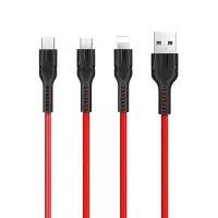 Data Cable Hoco U31 Benay Braided with Nylon Cord 3 in 1 USB to Micro-USB, Lightning, USB-C Red 1.2m