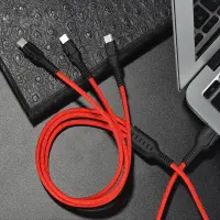 Data Cable Hoco U31 Benay Braided with Nylon Cord 3 in 1 USB to Micro-USB, Lightning, USB-C Red 1.2m