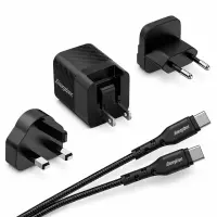 Travel Charger Energizer Universal Converter US EU UK, USB-C Port 20W USB-C/USB-C Cable Black