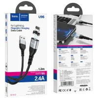 Data Cable Hoco U96 Traveller Magnetic USB to Lightning 2.4A with Magnetic Detachable Plug Metal Black 1.2m