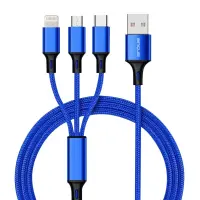 Cable Ancus Flow Plus E54 USB 3 in1 Micro-USB, USB-C, Lightning 2.0A Reinforced Plugs and Braided Cable Blue 1m.