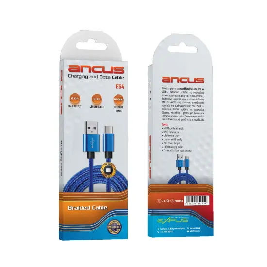 Data Cable Ancus Flow Plus E54 USB to USB-C 2.0A Reinforced Plugs and Braided Cable Blue 1m.