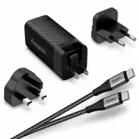 Travel Charger Energizer A90MUC Universal Converter US EU UK, USB-C/USB-A Port 90W USB-C/USB-C Cable Black