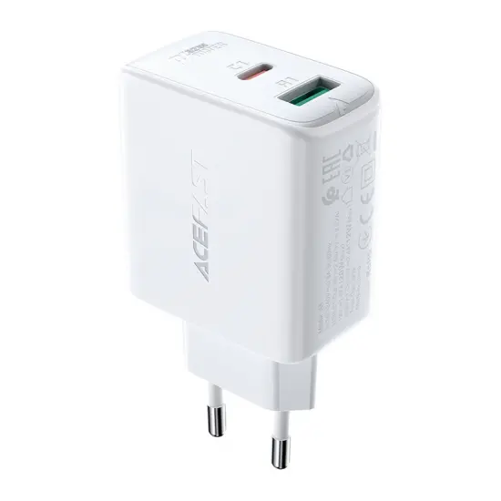 Travel Charger Acefast A5 Fast Charging USB-C 20W+USB-A 12W PD20W, QC3.0 / QC2.0  32W White