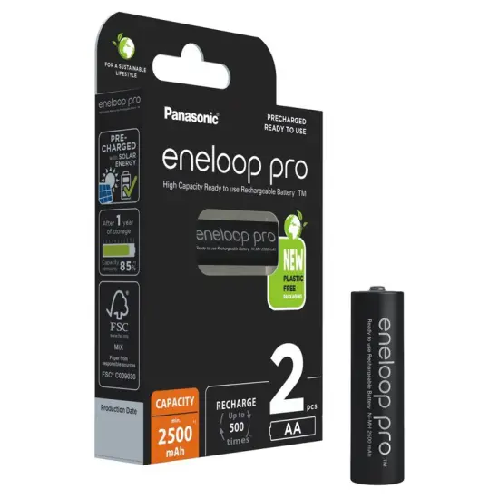 Rechargeable Battery Panasonic eneloop pro BK-3HCDE/2BE 2500mAh size AA Ni-MH 1.2V Τεμ. 2 New Package