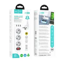 Power Strip Hoco NS2 with 3 x Inlet Sockets 4000W + 3 x USB-A Output 12W 5V/2.4A and On/Off Switch with Cable 1.8 m White