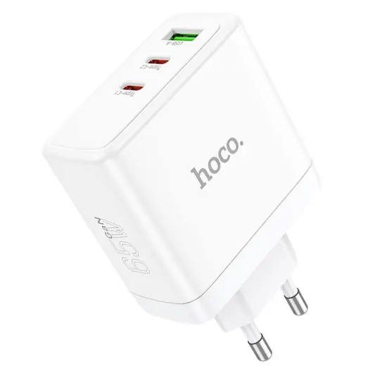 Travel Charger Hoco N30 Glory Fast Charging PD65W QC3.0 with 2 x USB-C and 1 x USB 5V/3A White GaN Tech