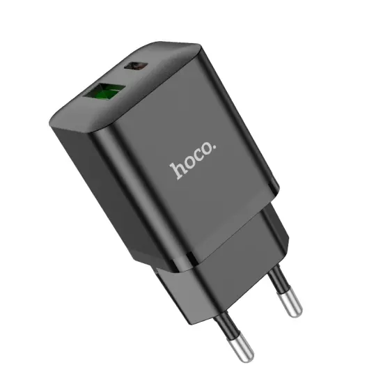 Travel Charger Hoco N28 Founder Dual Port Charging USB Quick Charge 18W and USB-C PD20W 5V 3.0A Black