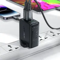 Travel Charger Acefast A44 Fast Charging 2xUSB-C PD65W USB-A GaN Black with UK Plug