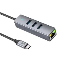 Adapter Hoco HB34 3 x USB-C to USB 3.0  and RJ45 with Data Transfer 1000Mbps Metal Grey