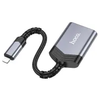 Memory Card Reader Hoco UA25 2 in 1 Lightning 480Mbps and 2TB for Micro SD/SD OTG Short and Anti-bending Cable Metal Grey