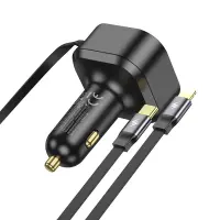 Car Charger Hoco NZ13 Clever USB-C PD30W QC3.0 and Lightning PD27W with Retractable Cable 90cm Black