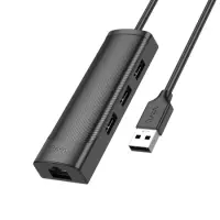 Hub USB Hoco HB42 Easy Safety 4-in-1 USB to 3xUSB 3.0 480Mbps and RJ45 100Mbps1.2m Black