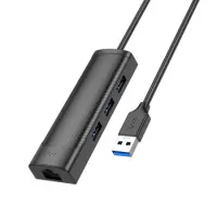 Hub USB Hoco HB42 Easy Safety 4-in-1 USB to 3xUSB 3.0 5Gbps and RJ45 1000Mbps1.2m Black