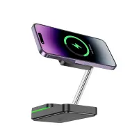 Wireless Foldable Charger Stand Hoco CQ10 Consuelo 3-in-1 15W 3 Devices Vertical Charging 0-110° with Ambient Light Black