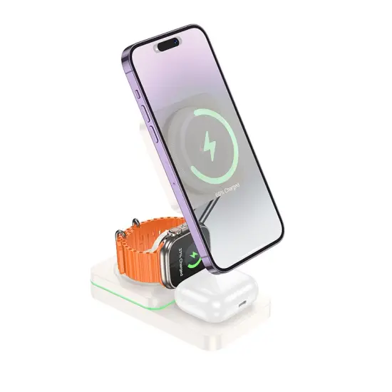 Wireless Foldable Charger Stand Hoco CQ10 Consuelo 3-in-1 15W 3 Devices Vertical Charging 0-110° with Ambient Light White