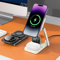 Wireless Foldable Charger Stand Hoco CQ10 Consuelo 3-in-1 15W 3 Devices Vertical Charging 0-110° with Ambient Light White