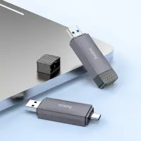 Memory Card Reader Hoco HB45 Spirit 2-in-1 USB 2.0 and USB-C to SD and Micro SD 480Mbps with 2TB Capacity Metal Grey