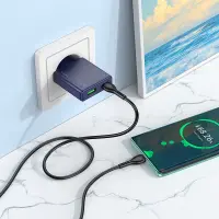 Travel Charger Hoco N45 Biscuit Dual Port Charging USB-C PD30W and USB 18W QC3.0 Slim Titanium Blue