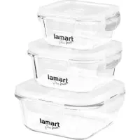 Set of 3 Square Glass Food Containers Lamart LT6012 (320ml, 520ml, 800ml) Suitable for Refrigerator, Freezer, Microwave Oven