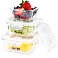 Set of 3 Square Glass Food Containers Lamart LT6012 (320ml, 520ml, 800ml) Suitable for Refrigerator, Freezer, Microwave Oven