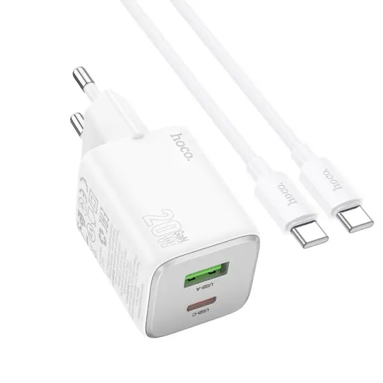 Hoco N41 Almighty Travel Charger with 2 USB QC3.0 18W and USB-C PD20W Charging Outputs with cable USB-C 1m White