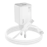 Hoco N41 Almighty Travel Charger with 2 USB QC3.0 18W and USB-C PD20W Charging Outputs with cable USB-C 1m White