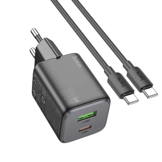 Hoco N41 Almighty Travel Charger with 2 USB QC3.0 18W and USB-C PD20W Charging Outputs with cable USB-C 1m Black