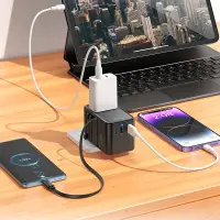 Hoco AC18 Universal Converter Travel Charger US EU AU UK with 2 x USB 1 x USB-C and Built-in USB-C Cable PD35W QC3.0 Black