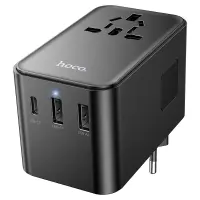 Hoco AC18 Universal Converter Travel Charger US EU AU UK with 2 x USB 1 x USB-C and Built-in USB-C Cable PD35W QC3.0 Black