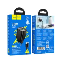 Hoco N52 Monsoon Charger with 2 USB QC3.0 20W and USB-C PD20W Black + Type C to Lightning Conection Cable 1m