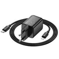 Hoco N52 Monsoon Charger with 2 USB QC3.0 20W and USB-C PD20W Black + Type C to Lightning Conection Cable 1m