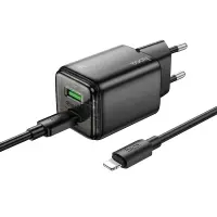 Hoco N52 Monsoon Charger with 2 USB QC3.0 20W and USB-C PD20W Black + Type C to Lightning Conection Cable 1m