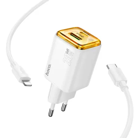 Hoco N52 Monsoon Charger with 2 USB QC3.0 20W and USB-C PD20W White + Type C to Lightning Conection Cable 1m