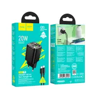 Hoco N52 Monsoon Charger with 2 USB QC3.0 20W and USB-C PD20W Black + Type C to Type C Conection Cable 1m