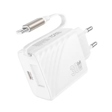 Hoco N58 Travel Charger 30W with 1xUSB-C port and USB-C Retractable Cable 65cm White