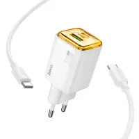 Hoco N53 Monsoon Charger with 1xUSB-C 30W and 1xUSB-A 30W + Charging Cable USB-C to USB-C 1m White