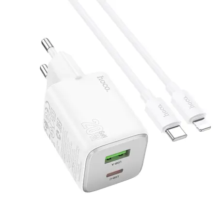 Hoco N41 Almighty Travel Charger with 1χUSB-A 18W and 1χUSB-C 20W + Charging Cable Type C to Lightning White