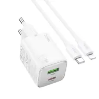 Hoco N41 Almighty Travel Charger with 1χUSB-A 18W and 1χUSB-C 20W + Charging Cable Type C to Lightning White