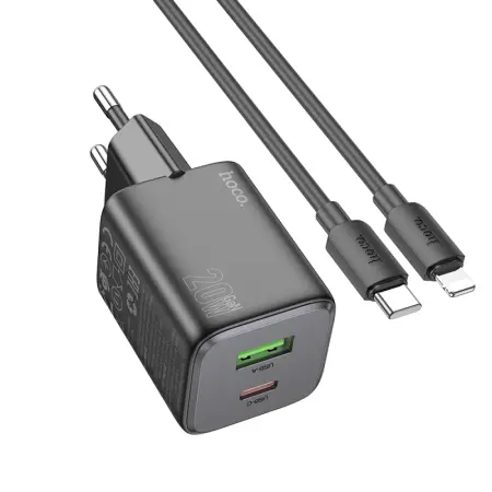 Hoco N41 Almighty Travel Charger with 1xUSB-A 18W and 1xUSB-C 20W + Charging Cable Type C to Lightning Black