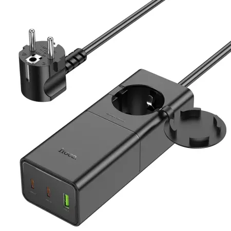 Hoco Charger NS4 Sharp with Outlet Extension and 3 Charging Outputs 2xUSB-C 65W and 1xUSB-A 30W Black