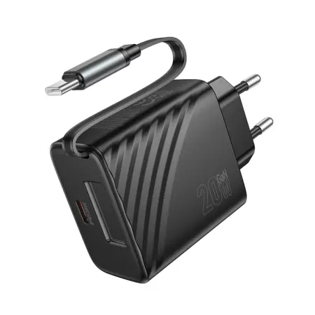 Hoco N57 Travel Charger 20W with 1xUSB-C port and 1xUSB-C Retractable Cable 65cm Black