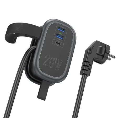 Hoco Charger NS7 Sharp with Outlet Extension and 3 Charging Outputs 1xUSB-C 20W and 2xUSB-A 18W Black