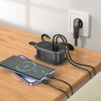 Hoco Charger NS7 Sharp with Outlet Extension and 3 Charging Outputs 1xUSB-C 20W and 2xUSB-A 18W Black