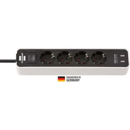 Brennenstuhl Power Strip with 4 Suko Input Ports, 2 USB Charging Ports and On/Off Switch 1.5m Cable Black-White