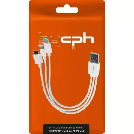 Data Cable Leki Orange Concept 3 in 1 USB to Micro-USB, Lightning, USB-C 0,2m White