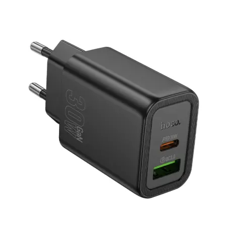 Travel Charger Hoco N63 Gentle Dual Port 30W USB-C and USB-A 5V 3.0A Black